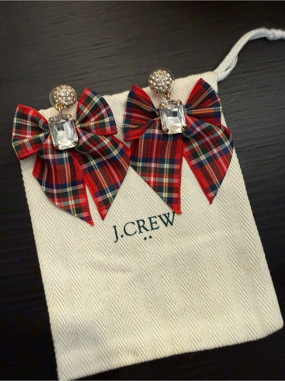 J. Crew Red Tartan Bow Earrings with Gold & Clear Accents